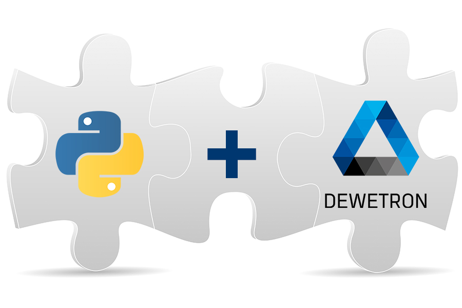 Two interlocking puzzle pieces: one with the Python logo and another with the Dewetron logo and name, separated by a plus sign, symbolizing integration or partnership using the OXYGEN SDK plugin.