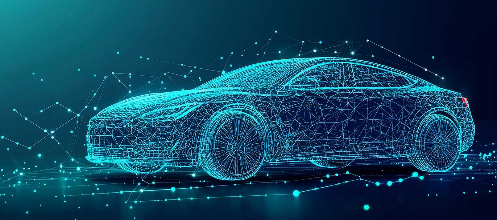 Digital illustration of a car formed by interconnected glowing blue lines and dots, resembling a wireframe or network structure—evoking a CAN interface—set against a dark background with scattered digital elements.