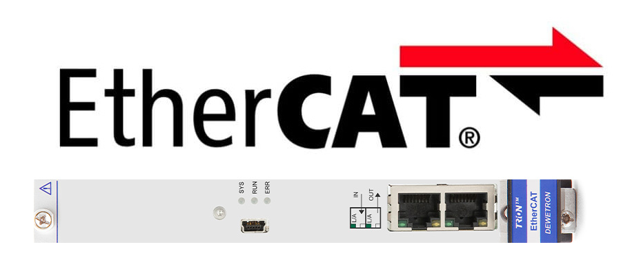 EtherCAT logo with a red arrow above the word CAT and an industrial device below featuring ports and indicator lights.