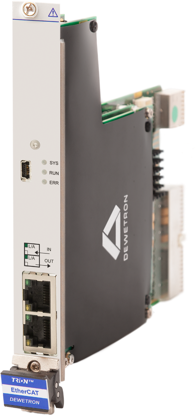 A DEWETRON TRION-EtherCAT module with ports and indicator lights on the front panel, labeled for system, run, and error states. Ethernet ports and a USB port are visible.