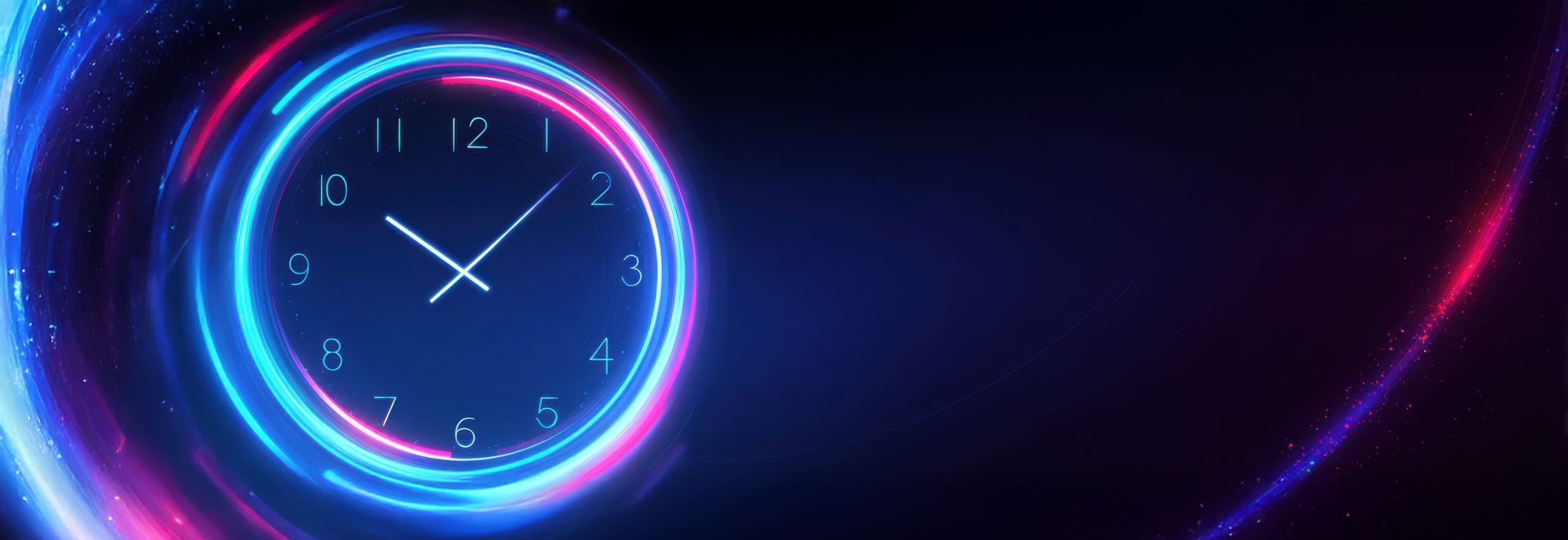 A glowing neon clock displays the time as 10:10 against a dark, space-like background with swirling blue and pink light trails, reminiscent of an input channel specification display.
