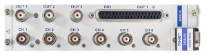 Close-up of an electronic device panel with eight BNC ports labeled CH 1 to CH 8, a 26-pin DIO connector, two OUT ports, and a module labeled TRION 1820 DLY DEWETRON.