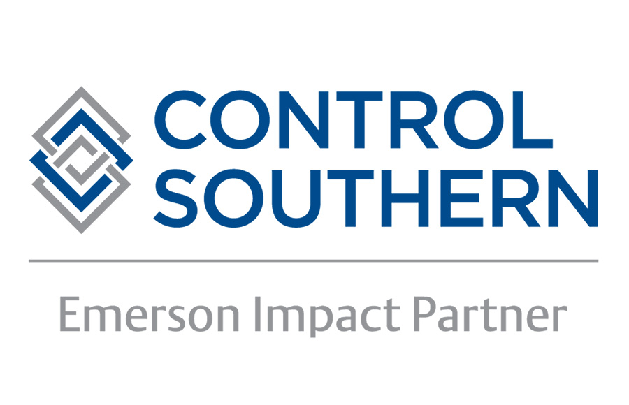 Logo for Control Southern, featuring two interlocking diamond shapes on the left and the company name in blue text on the right. Below, gray text reads Emerson Impact Partner with subtle integrator references enhancing the design.