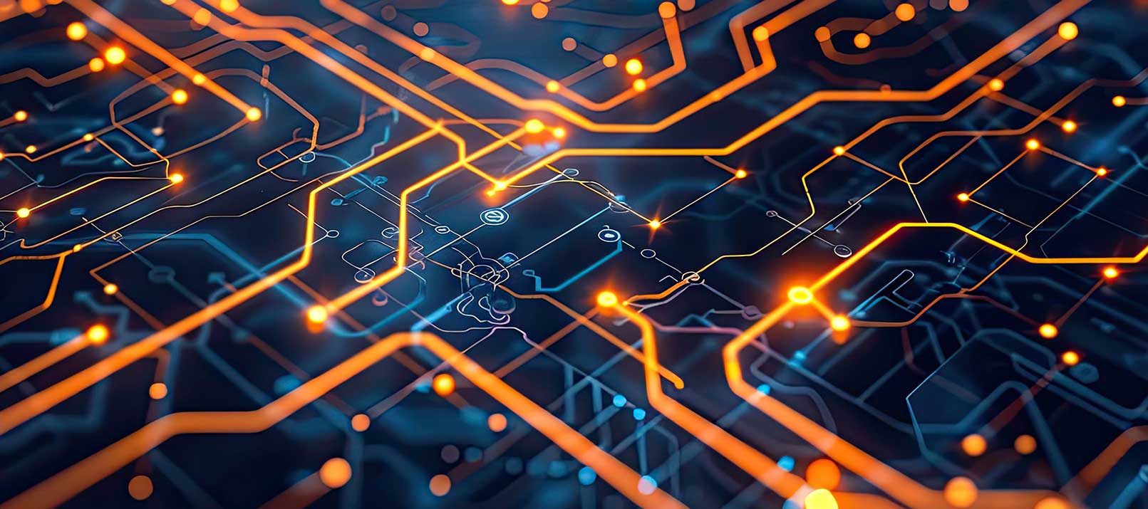 Close-up of a computer circuit board with glowing orange and blue lines representing electrical pathways and connections, symbolizing modern technology, digital networks, and precise input channel specification.