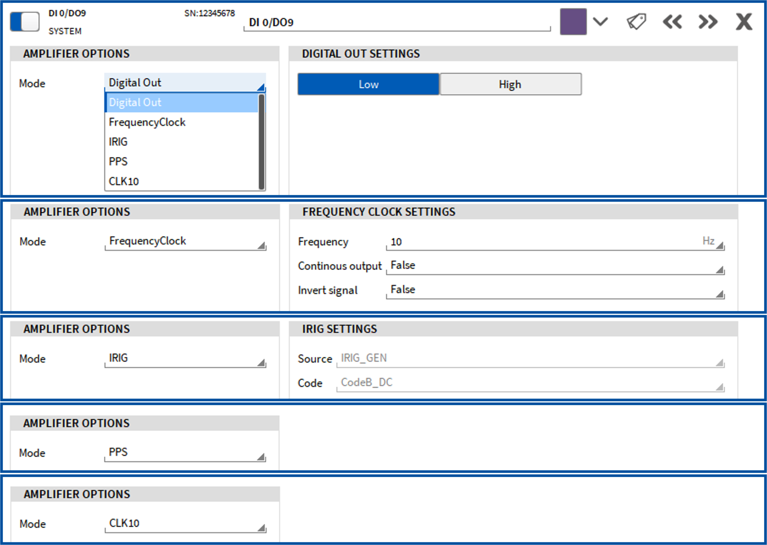 A settings interface with options for amplifier mode (Digital Out, FrequencyClock, IRIG, PPS, CLK10), digital output settings slider, and configuration panels for frequency, IRIG, PPS, and CLK10 modes.