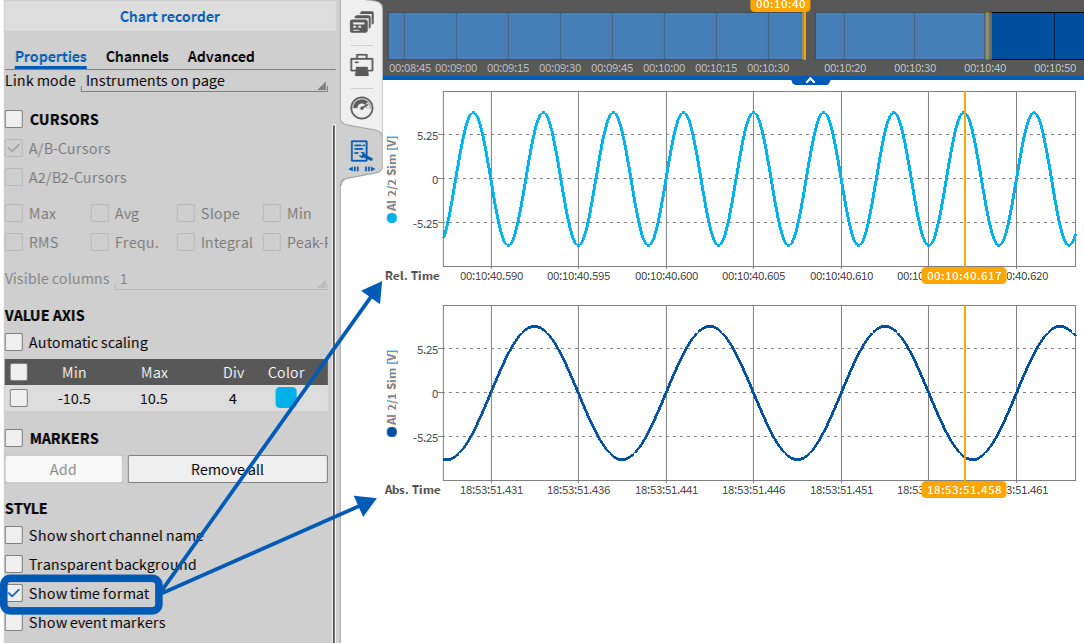 Screenshot of a chart recorder interface showing two synchronized waveform graphs. The left panel displays various settings, with “Show time format” checked under Style. Blue arrows point to the setting and corresponding time axis.