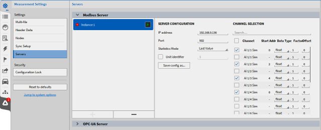 A computer interface showing Modbus Server settings. The screen displays server configuration details, such as IP address and port, as well as a list of channels with checkboxes for selection and data type information.