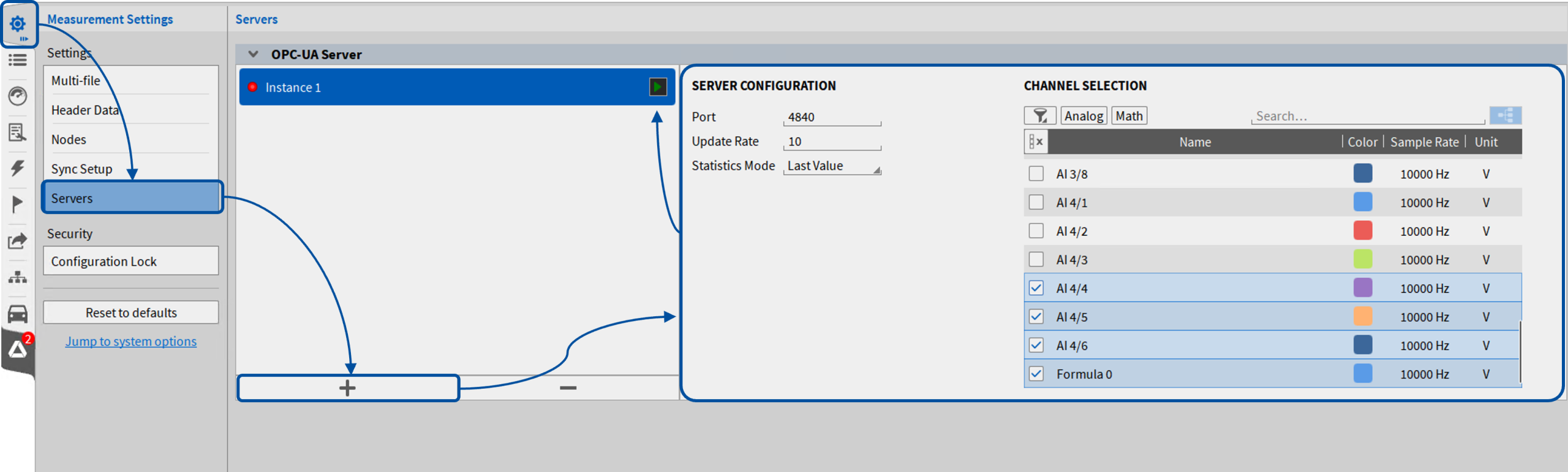 A software interface showing OPC UA Server configuration, with sections for server setup, port number, update rate, and a channel selection table listing analog and math channels, their names, colors, and sample rates.