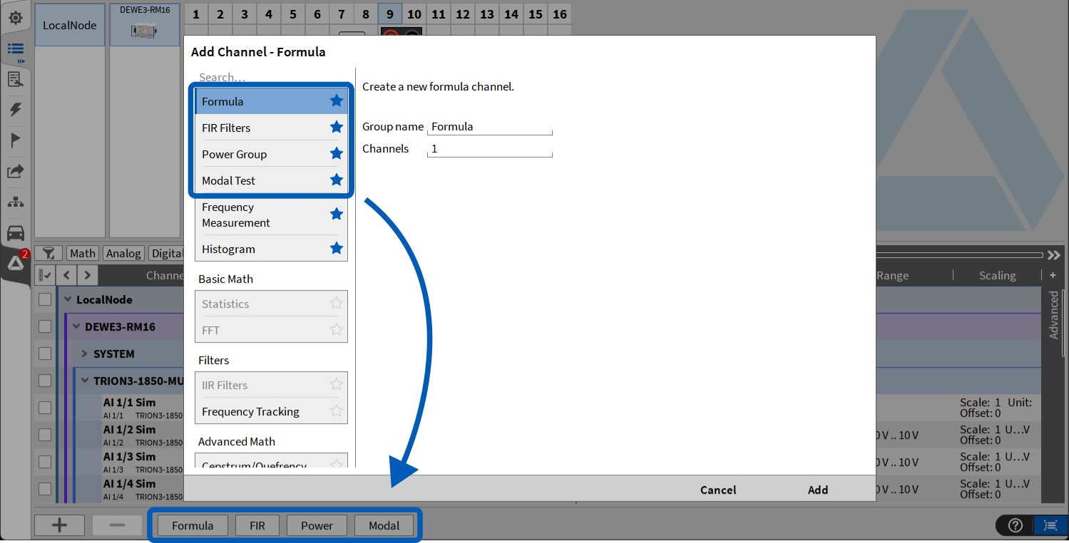 Screenshot of a software interface showing the Add Channel - Formula window, with options for formula channels on the left, and a highlighted row of tabs at the bottom labeled Formula, FR, Power, and Modal.