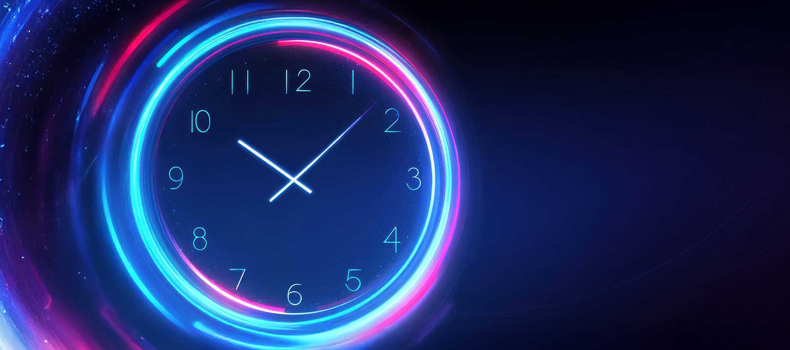A glowing, neon clock displaying the time as 10:10, with blue and pink light trails swirling around it against a dark, futuristic background—capturing the essence of time in a vibrant digital world.