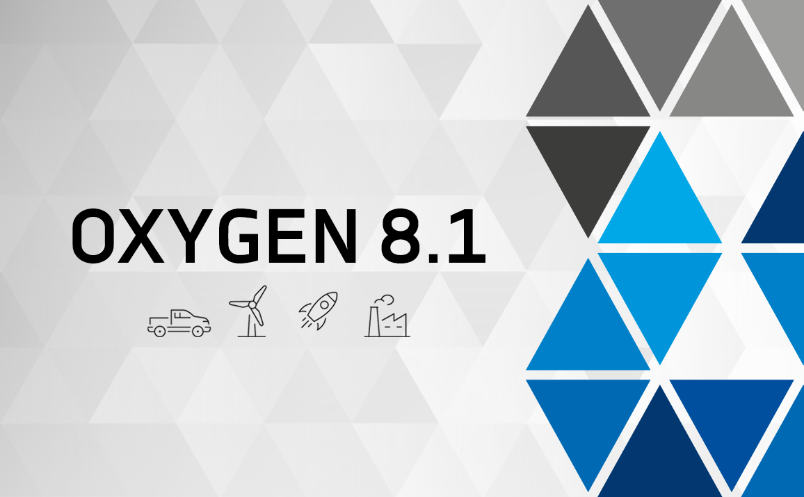 Abstract geometric background with gray and blue triangles, OXYGEN 8.1 in bold text, and icons of a truck, wind turbine, rocket, and factory highlight the versatility of oxygen 8.1 across multiple industries.