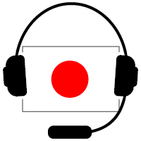 Illustration of a pair of black headphones with a microphone, overlaid on the Japanese flag featuring a red circle on a white background.