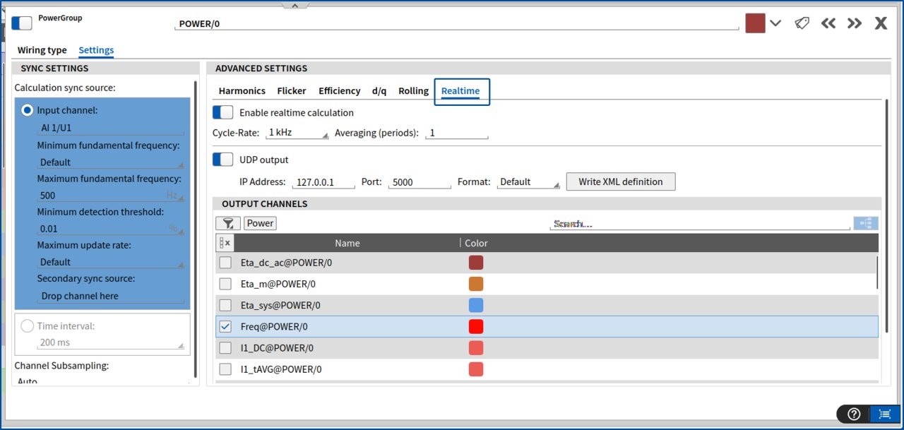 A software interface displays advanced settings for power analysis, showing tabs for harmonics, flicker, efficiency, d/q, and realtime. Output channels with labels, colors, and checkboxes are listed in the lower section.