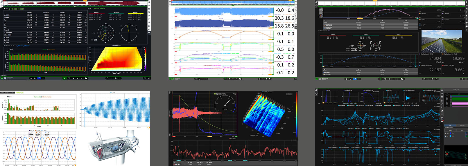 A collage of six computer screens displaying various scientific and technical data visualizations, including graphs, charts, waveforms, and a 3D model, likely related to engineering or energy analysis.