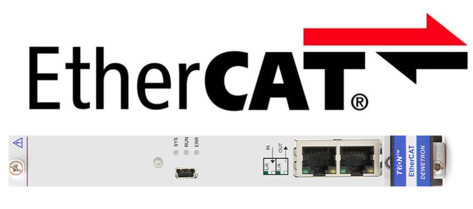 EtherCAT logo with a red arrow above it, shown above a device panel featuring Ethernet ports, status LEDs, and a labeled EtherCAT communication port—ideal for high-speed measurements with EtherCAT.