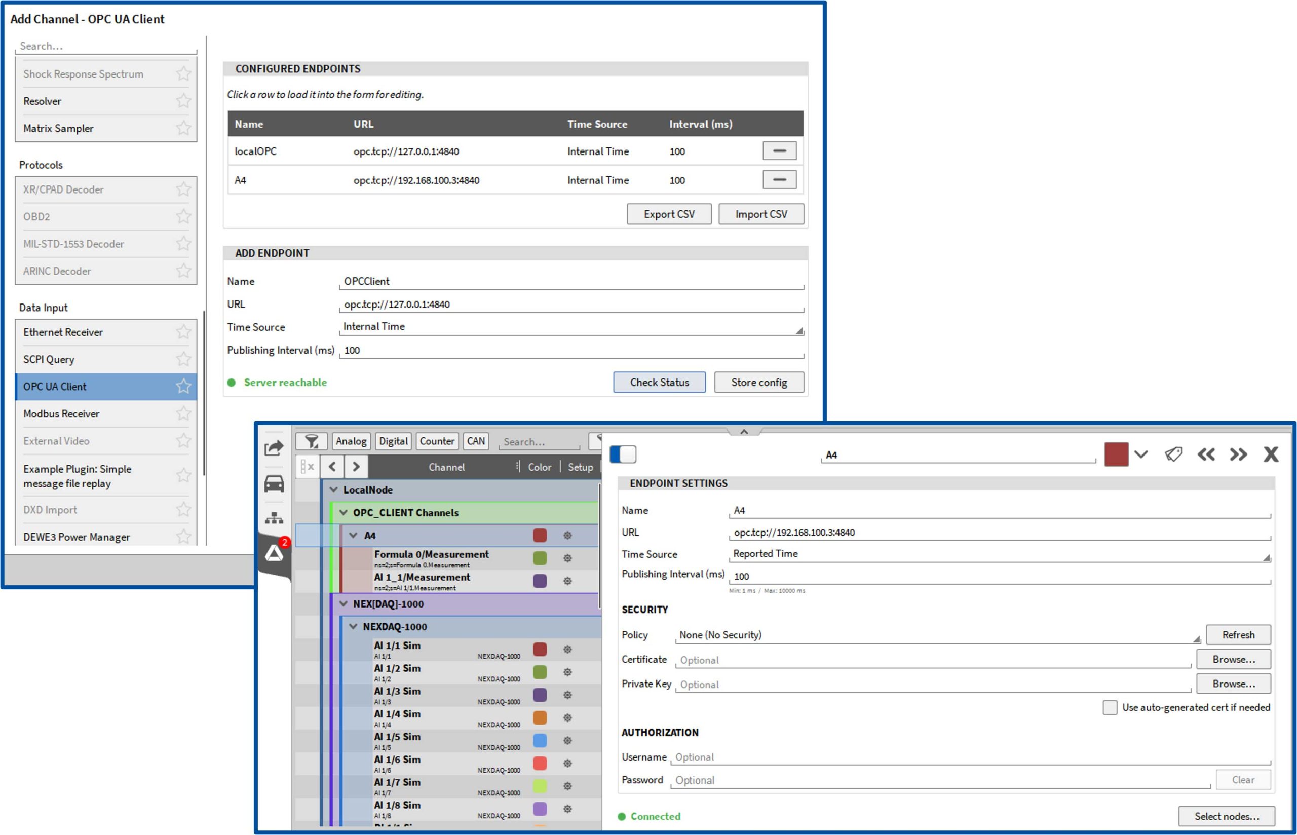 Screenshot of a software interface showing OPC UA client channel configuration, with options to add endpoints, check status, and a list of configured channels and corresponding endpoint settings.