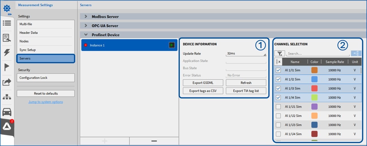 Measurement settings screen showing server options on the left, device information and channel selection panels in the center and right, with details such as device status and a channel list with names, ranges, and units.