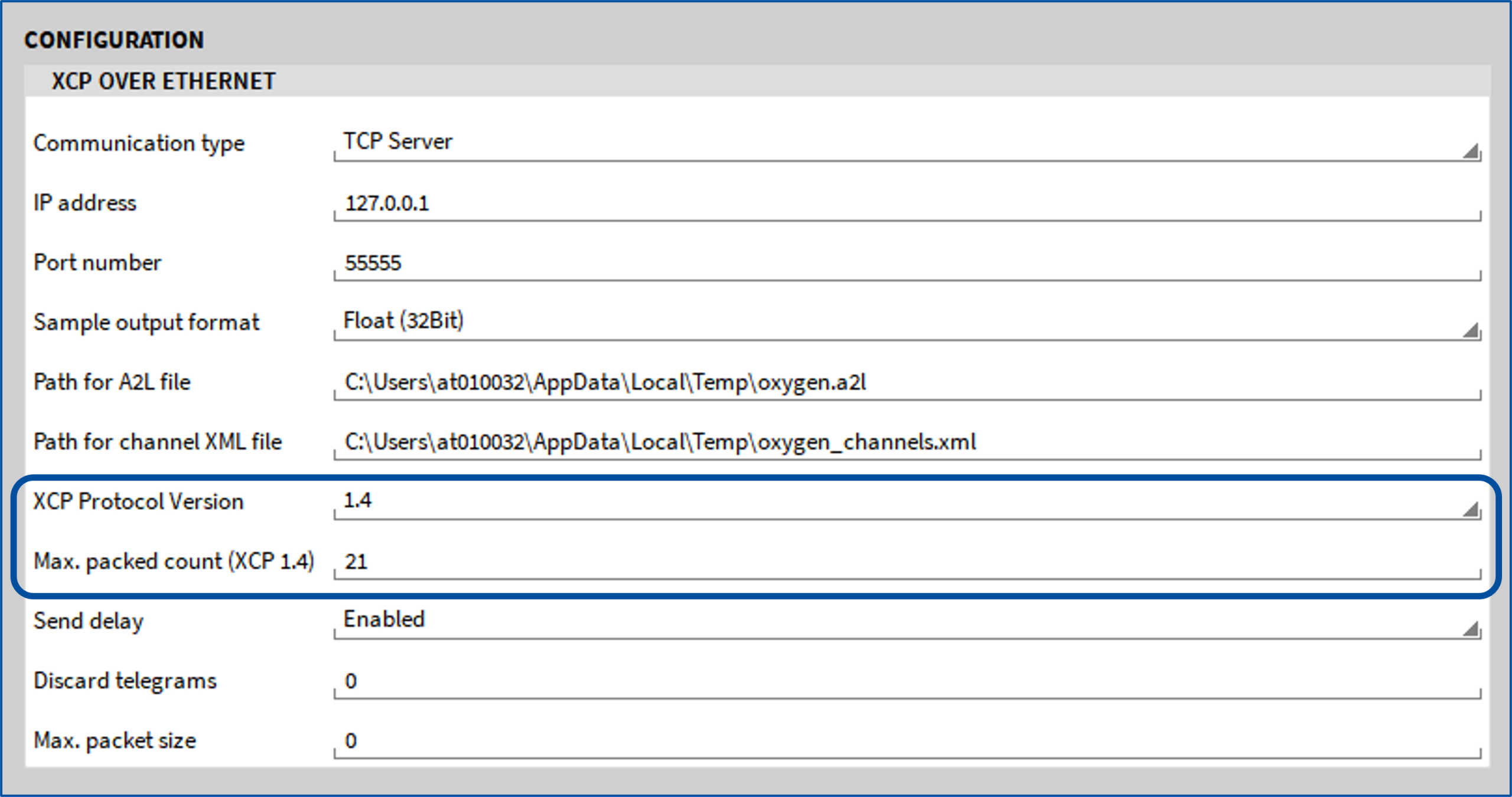 Configuration panel for XCP over Ethernet showing fields like IP address, port number, protocol version (1.4), max packed count (21), and file paths; XCP Protocol Version section is highlighted.