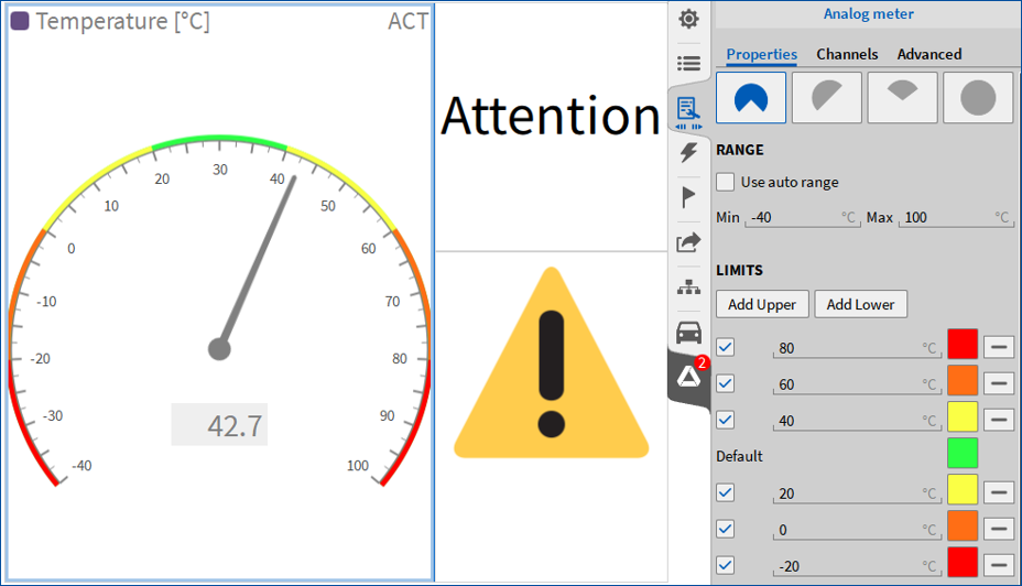 Analog temperature gauge reading 42.7°C, near yellow caution zone. On the right, settings panel shows range, limits, and color codes. A yellow warning sign and partial Attention text are visible.