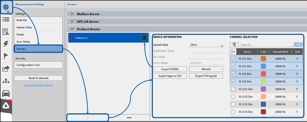 Screenshot of a software interface showing measurement settings, server options, and a device information panel with update rates, channels, and configuration details highlighted.