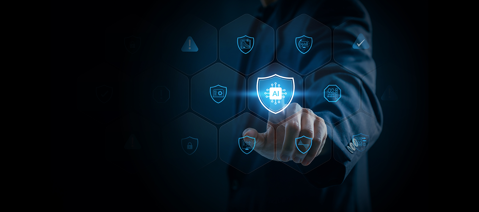 A person in a suit touches a glowing digital AI shield icon within a network of hexagonal security symbols related to six phase motor systems.