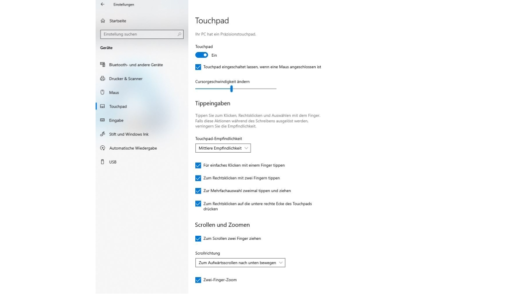 Screenshot der Windows Touchpad Einstellungen